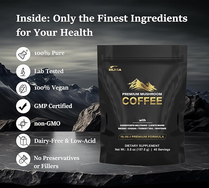 DLNIA Organic Mushroom Coffee with 12 Adaptogenic Mushrooms, Arabica Beans, Coconut Milk & MCT Oil