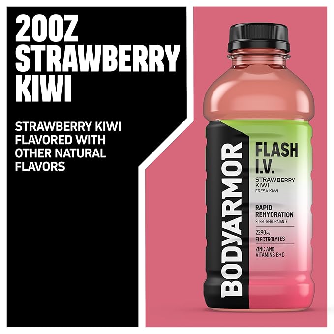 BODYARMOR Flash I.V. Electrolyte Beverage, Strawberry Kiwi, Hydration Drink with Coconut Water For