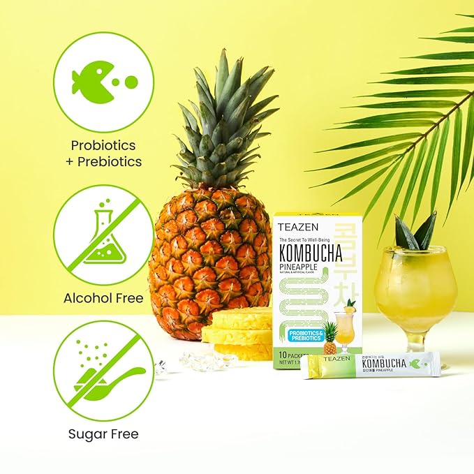 TEAZEN Pineapple Kombucha Tea, Hydration Drink Mix, Sugar Free, Live Probiotics & Prebiotics, 10