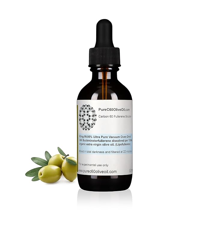 PureC60OliveOil C60 Olive Oil 50ml / 1.7 Fl Oz - 99.95% Carbon 60 Solvent Free 40mg - Amber Glass