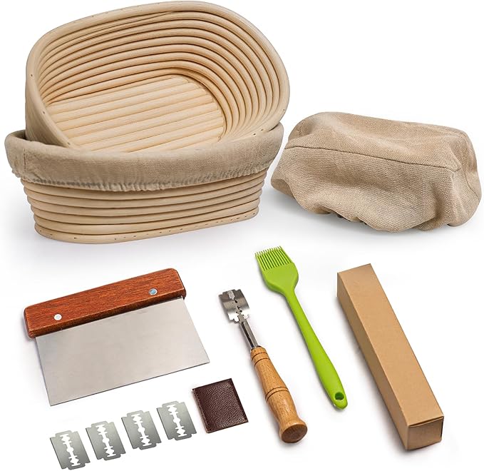 Rorecay Banneton Bread Proofing Baskets Set of 2, 10 Inch Oval Cane Sourdough Bread Rising Basket