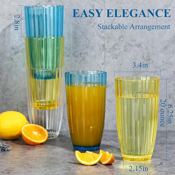 Acrylic Clear Highball Plastic Cups | Plastic Reusable Tumblers 20oz (Set of 8) | Stackable |