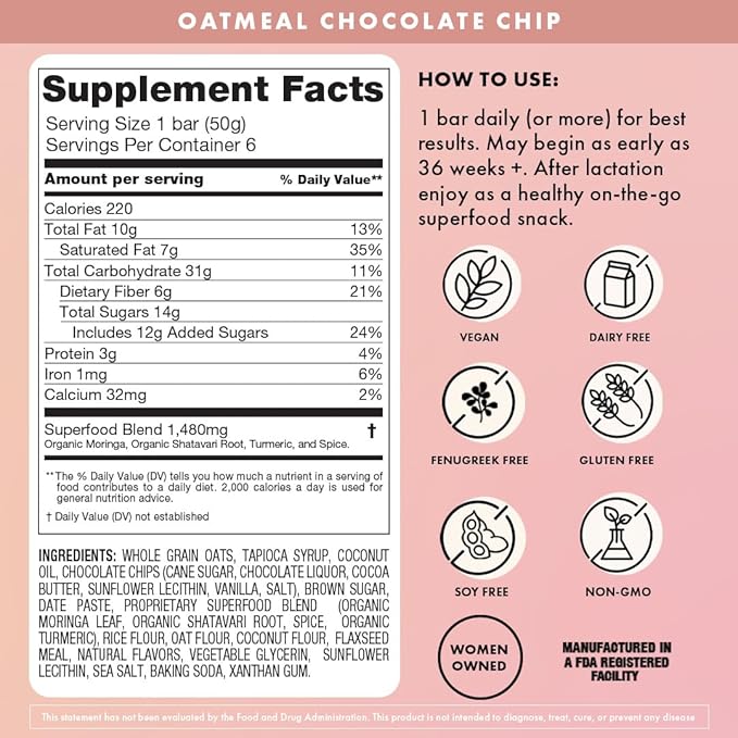 Boobie Bar Superfood Oatmeal Chocolate Chip Lactation Bar for Breastfeeding Moms to Increase Milk