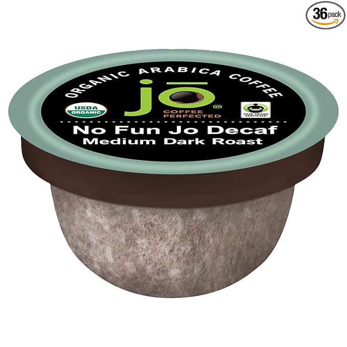 No Fun Jo Decaf: 36 Organic Compostable Pods for Keurig K-Cup Compatible Brewers, Swiss Water