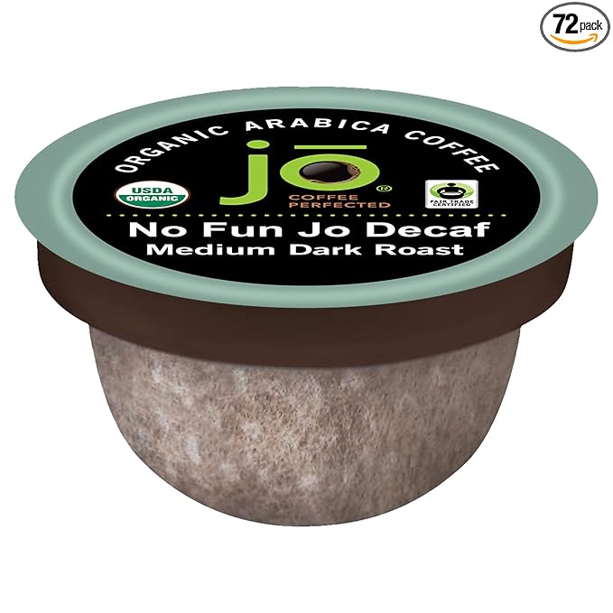 No Fun Jo Decaf: 72 Organic Compostable Pods for Keurig K-Cup Compatible Brewers, Swiss Water