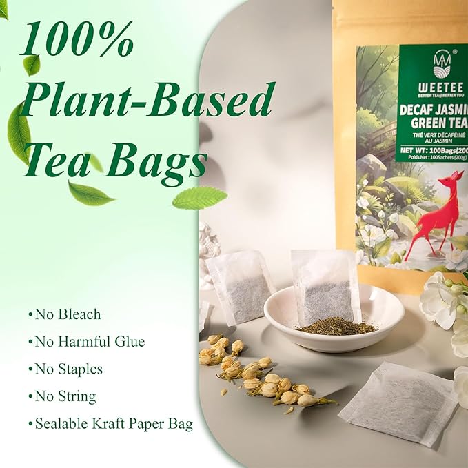 WT WEETEE Decaf Jasmine Green Tea Bags 100 Count, CO2 Decaffeinated Green Tea Infused with Jasmine