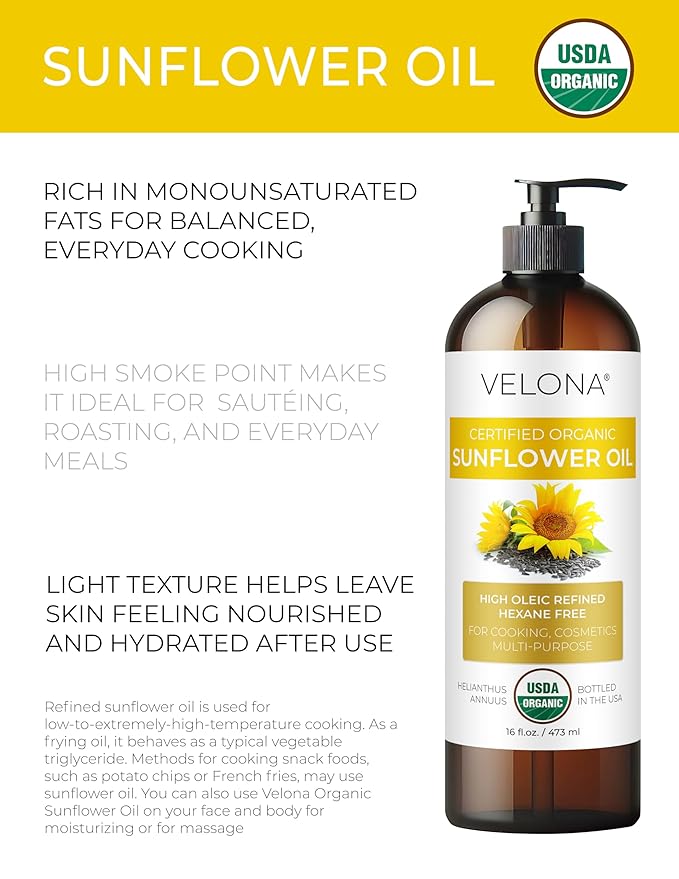 velona USDA Certified Organic Sunflower Oil - 8 Fl Oz | 100% Pure and Natural Carrier Oil | High