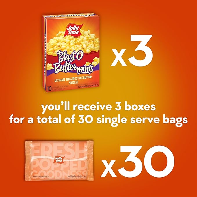 Jolly Time Blast O Butter, Ultimate Movie Theater Butter Microwave Popcorn, 1.5oz Personal Bag, 10