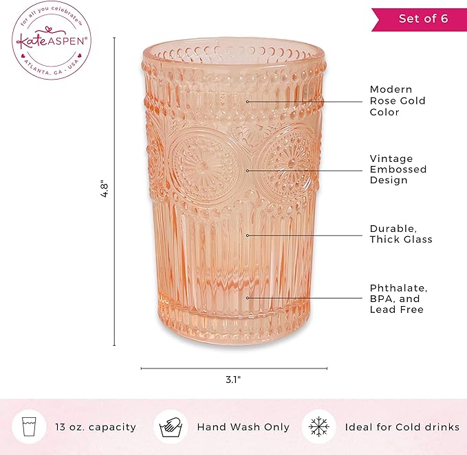 Vintage Textured Rose Gold Striped Drinking Glasses Set of 6, (13 oz) Ribbed Glassware Set |