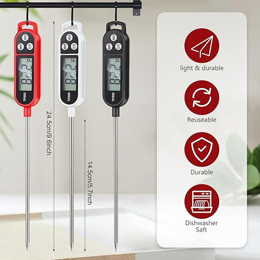 3 Pcs Instant Read Meat Thermometer with Long Probe 9.65 Inch Kitchen Cooking Food Candy Waterproof