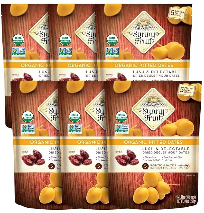 Sunny Fruit Organic Dried Pitted Deglet Nour Dates - 6 Bags (30 Individual Portion Packs) | No
