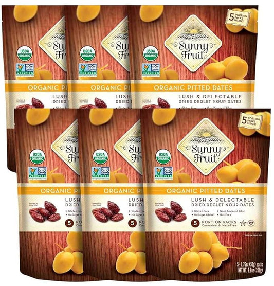 Sunny Fruit Organic Dried Pitted Deglet Nour Dates - 6 Bags (30 Individual Portion Packs) | No