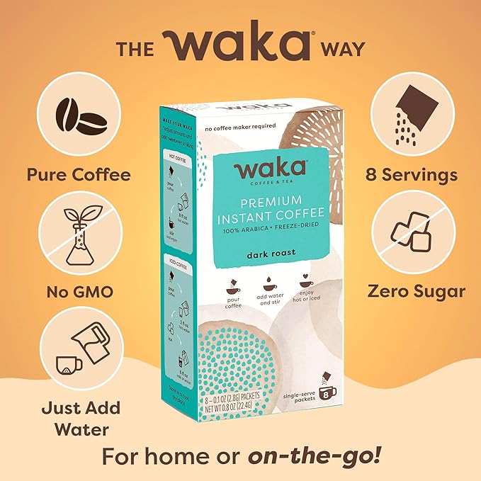 Waka Premium Instant Coffee Sachets — 100% Arabica Freeze Dried Beans — For Hot or Iced Coffee (8