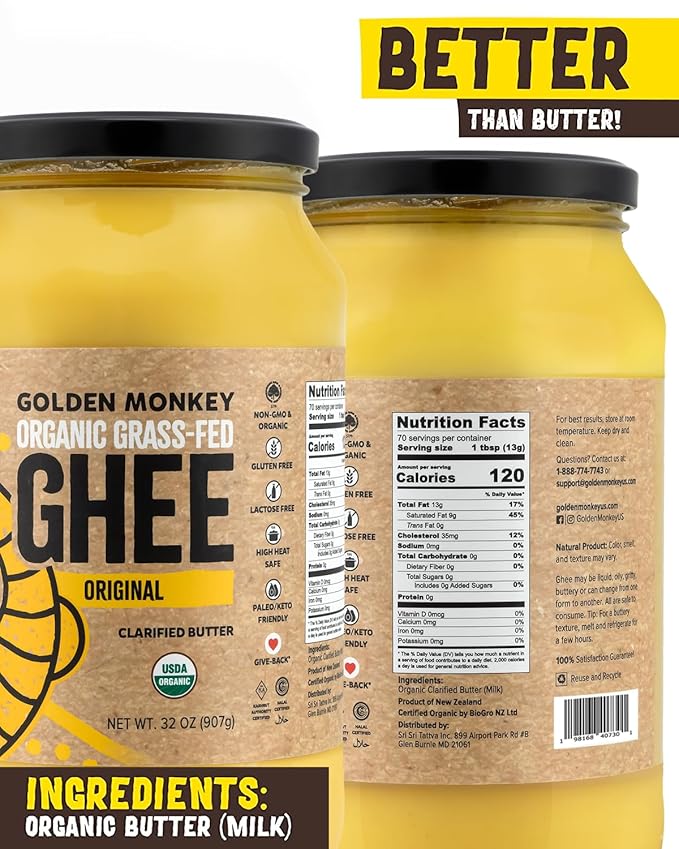 GOLDEN MONKEY Organic Ghee Butter ??Grass Fed Clarified Butter for Cooking, Baking, Keto & Gut