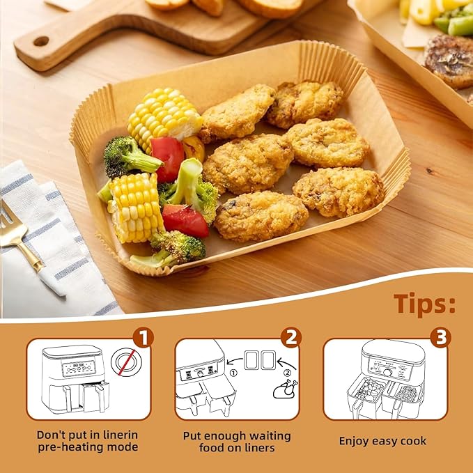 Air Fryer Paper Liners for Dual Zone Airfryer, 200pcs 8.1x5.5 inch Rectangle Disposable Inserts for