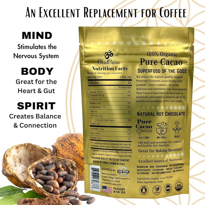 Ohm Raw Cacao Powder Organic Pure Unsweetened | Natural Source of Magnesium & Iron | Organic