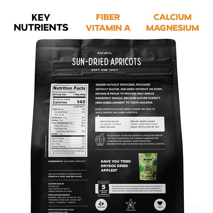 Drybox Unsulfured Sun Dried Turkish Apricots 12 Lunch Packs, Unsweetened No Sugar Added, Non-GMO