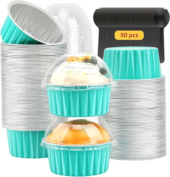 Disposable Ramekins with Lids 50 Pack,Free-Air 5oz Aluminum Foil Cupcake Cups Baking Tin,Mini
