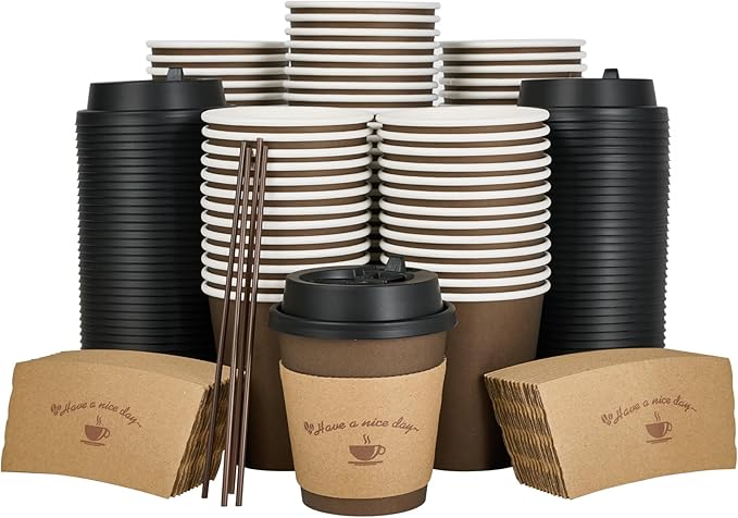 LITOPAK 100 Pack 10 oz Paper Coffee Cups with Lids, Sleeves, and Stirring Sticks for Coffee, Water