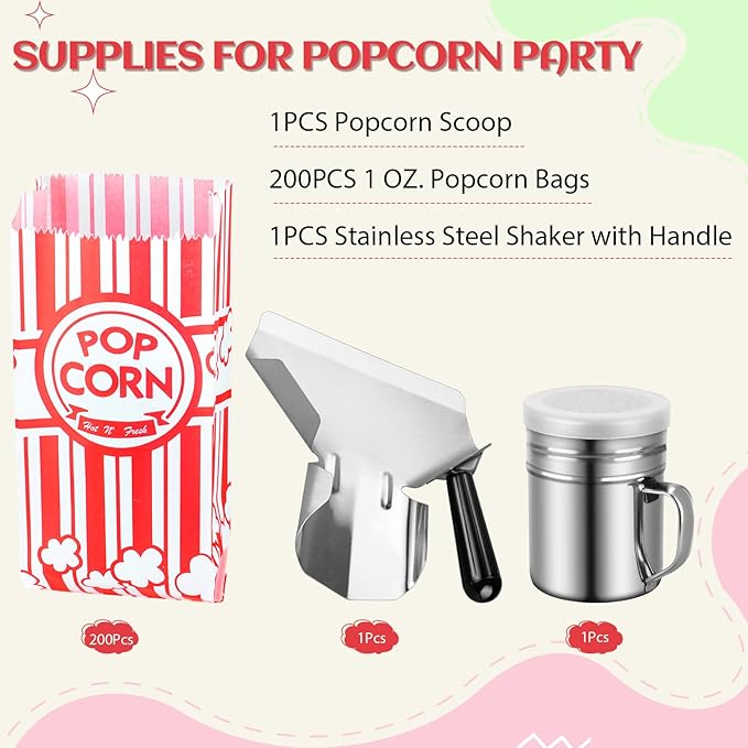 202 Pcs Popcorn Bags with Popcorn Scoop and Salt Shaker,1 oz Small Pop Corn Bags Popcorn Bags