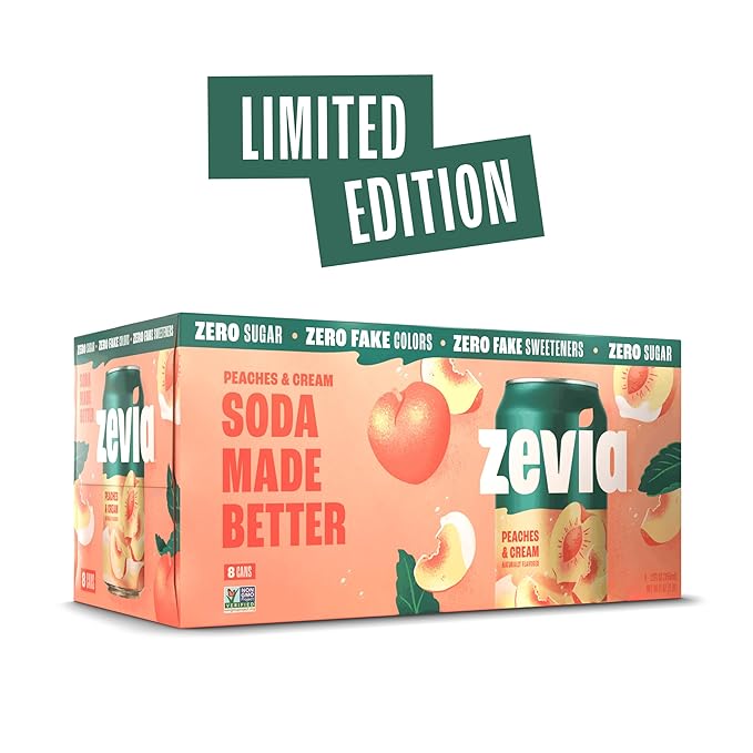 Zevia Zero Sugar Soda, Peaches and Cream, 12 oz Cans (8-Pack) ??Caffeine Free, Naturally Sweetened