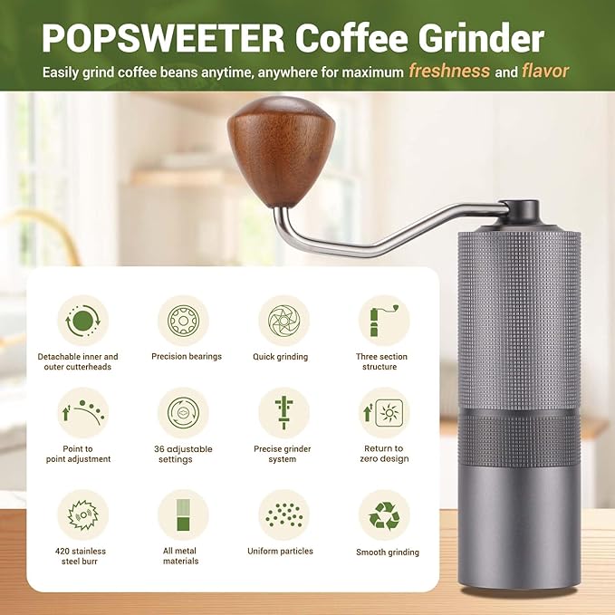 Popsweet C38 Manual Coffee Grinder With Detachable Stainless Steel Tapered Outer Burrs, Grinding