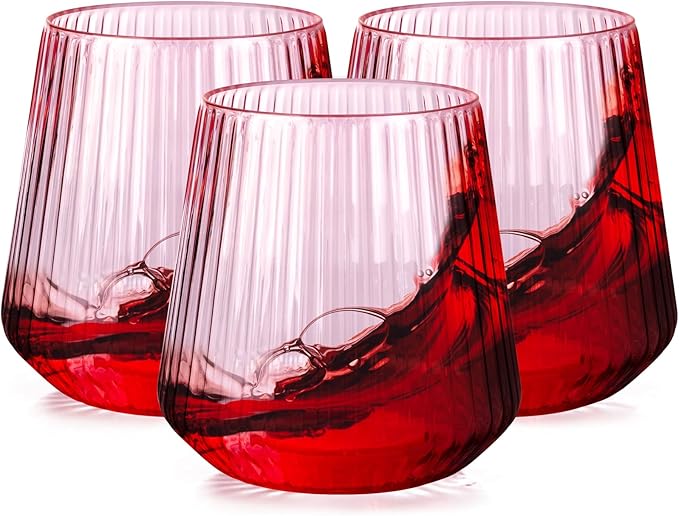 30 Pack Pink Plastic Ribbed Wine Glasses, 14 OZ Origami Stemless Disposable Wine Champagne Whiskey