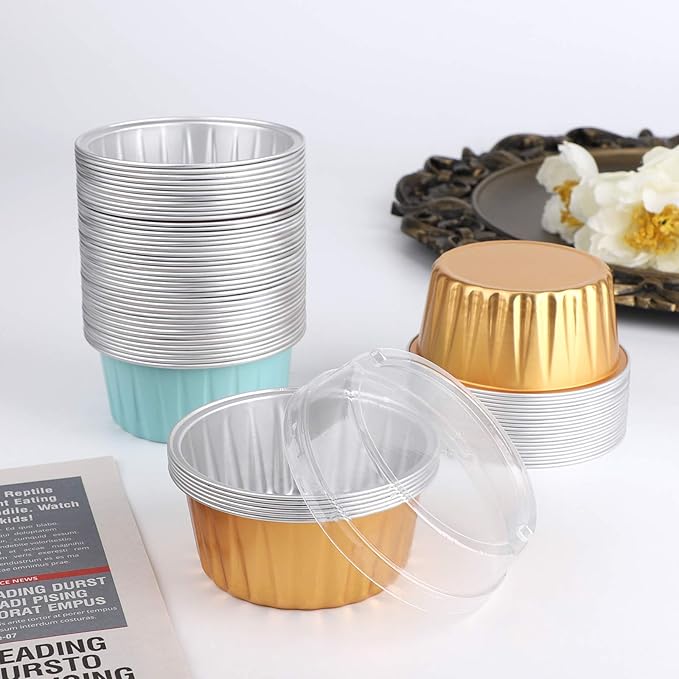 EUSOAR Aluminum Foil Cups, 5 oz 60pcs Baking Cups with Lids, 125ml Snacks Desserts Flan, Cupcake