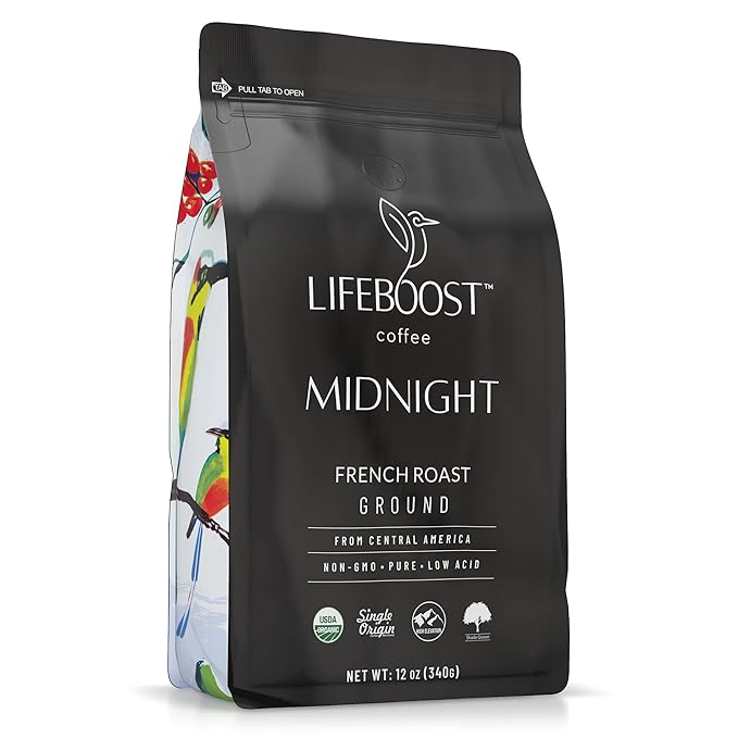 Lifeboost Midnight French Roast Coffee Ground - Non-GMO Single Origin USDA Organic Low Acid Coffee