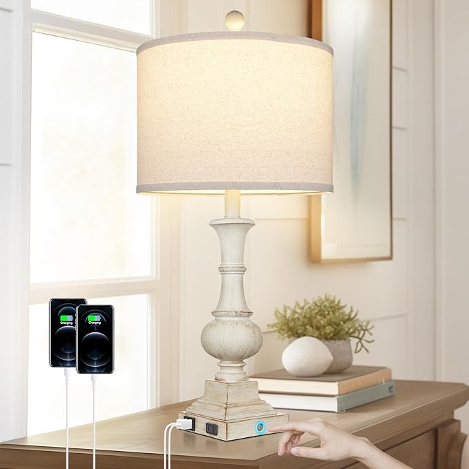26" Farmhouse Table Lamp, Vintage Rustic Touch Control Bedside Lamp with 2 USB Ports & AC Outlet