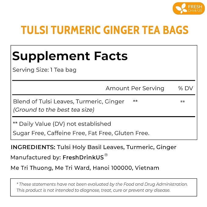 FreshDrinkUS, Premium 135 Tulsi Turmeric Ginger Tea Bags, 100% Natural & Pure from Tulsi Holy Basil