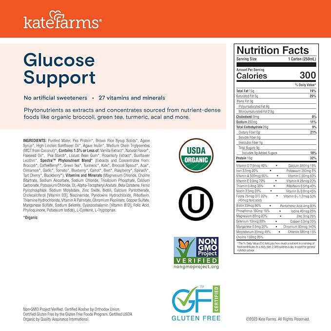 KATE FARMS Organic 1.2 Glucose Support Shake, Vanilla, 16g Protein, 27 Vitamins and Minerals