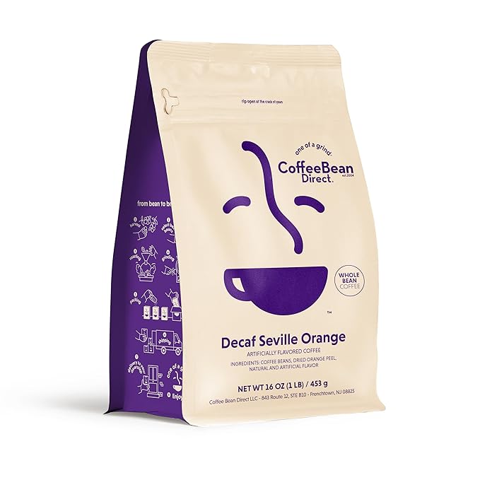 Coffee Bean Direct Decaf Seville Orange Flavored, Whole Bean Coffee, 1 Pound Bag