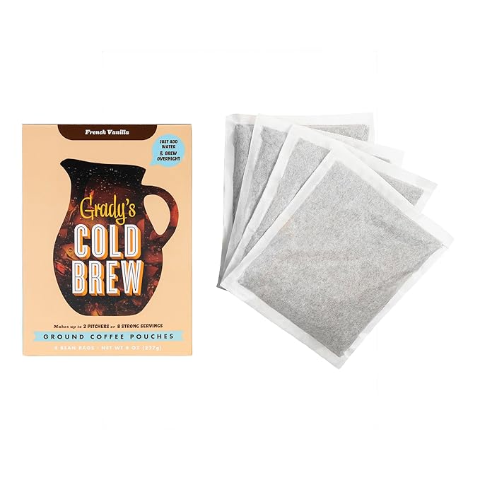GRADY’S COLD BREW, French Vanilla, 100% Arabica Ground Coffee & Chicory Pouches, ONE Box with 4