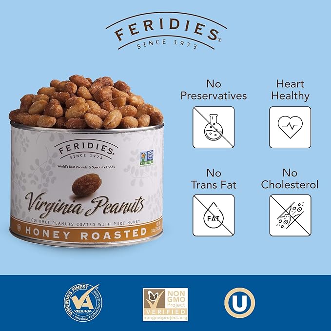 FERIDIES Honey Roasted Extra Large Giant Virginia Peanuts, 18oz Vacuum Can, Gourmet Snack 18oz