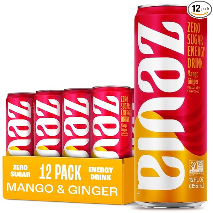 Zevia Zero Sugar Energy Drink, Mango Ginger, 12 oz Cans (12-Pack) – Naturally Sweetened, Zero