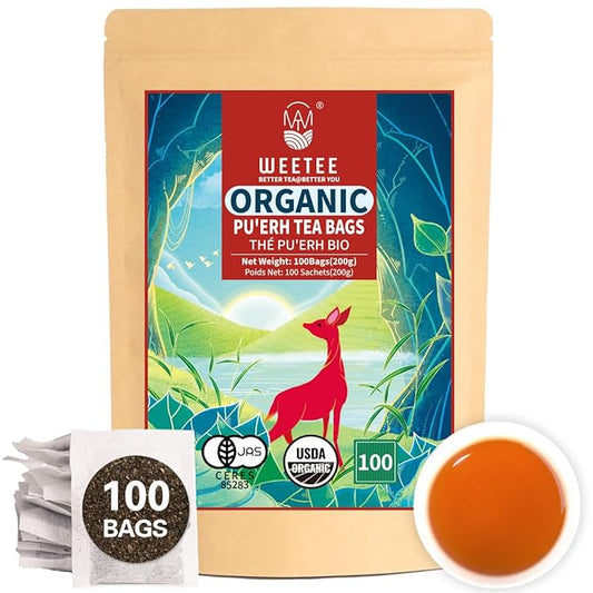 WT WEETEE Organic Puerh Tea Bags, Organic Ripe Pu'erh Tea 100 Count, Smooth, Subtly Sweet, Earthy