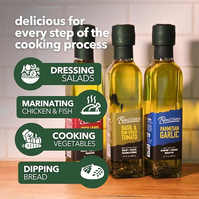 Benissimo Basil and Sun Dried Tomato Herb Infused Oil, All Natural Gourmet Cooking Oil with