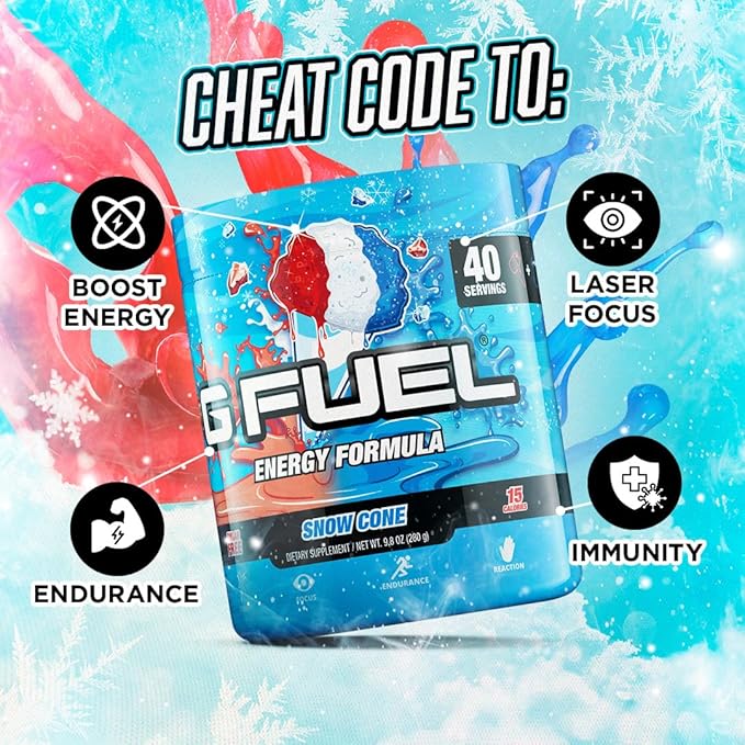 G Fuel Snow Cone Energy Drink Powder, Pre Workout Caffeine Mix for Gaming, Sugar Free Focus Amino