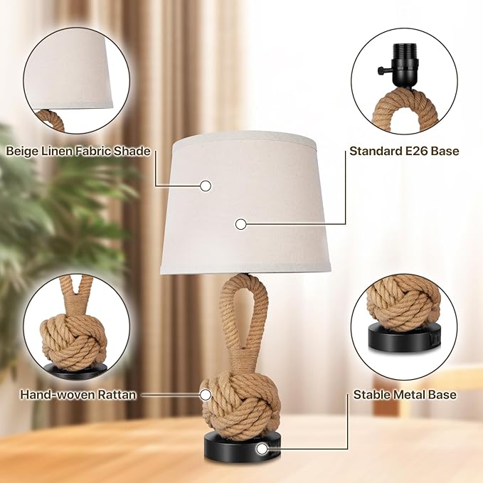 22" Rope Lamps for Night Stands, Bedside Lamps Set of 2, Boho Table Lamps for Living Room End