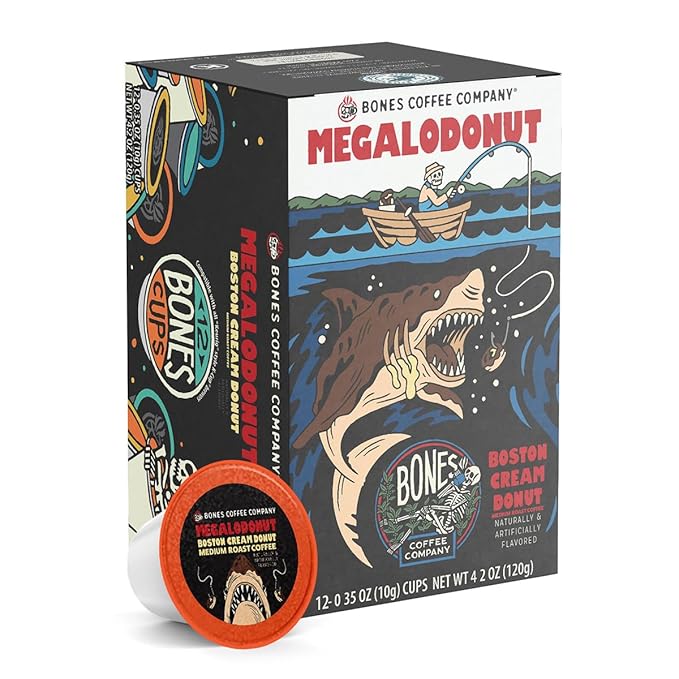 Bones Coffee Company Megalodonut, Boston Cream Donut Flavored Coffee Pods, Low Acid Medium Roast