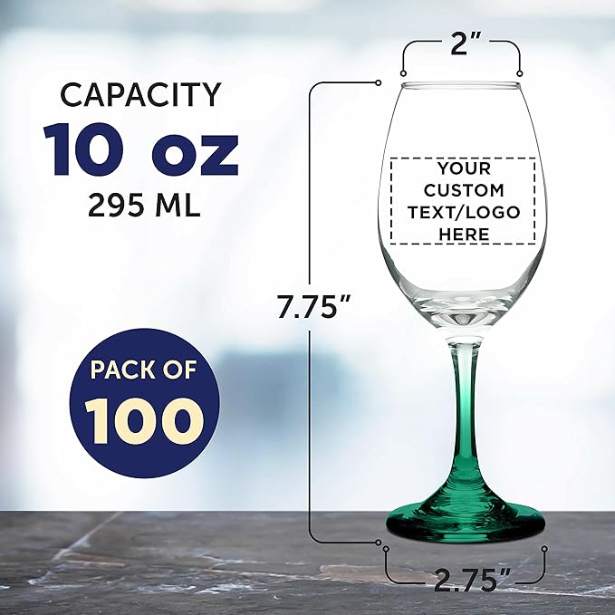 Custom Rioja Wine Glasses with Stem 10 oz. Set of 100, Personalized Bulk Pack - Color Bottom