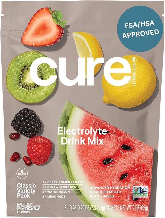 Cure Hydration | Plant-Based Electrolyte Drink Mix | No Added Sugar | FSA-HSA | Dehydration Relief