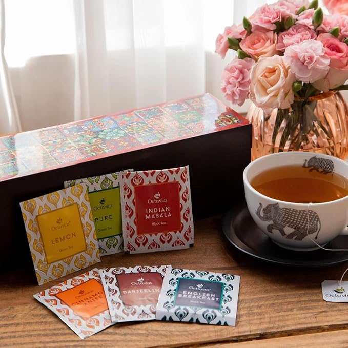 Octavius - Assorted Tea Variety Pack in Tile Motif Design Wooden Box | 6 Flavors, 60 Tea Bags |