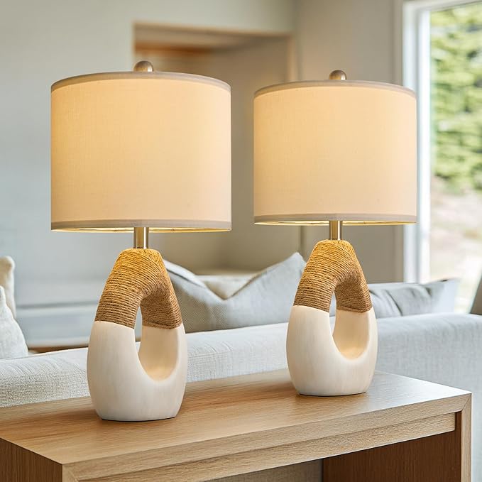 OYEARS 22” Boho Table Lamps for Bedroom Living Room Upgraded Set of 2 Medium Farmhouse Rattan Table