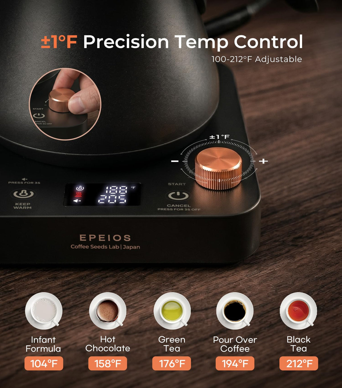 Epeios Gooseneck Electric Kettle ±1°F Temperature Control,1200W,0.9L,Black