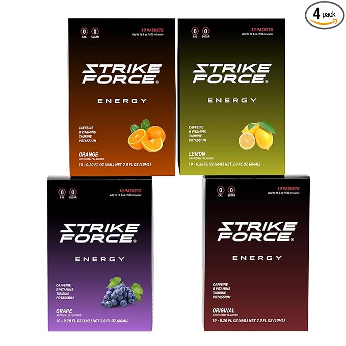 Strike Force Energy Drink Mix - 4 Flavor Variety Pack - Natural Tasting Caffeine Drink - Turn Any