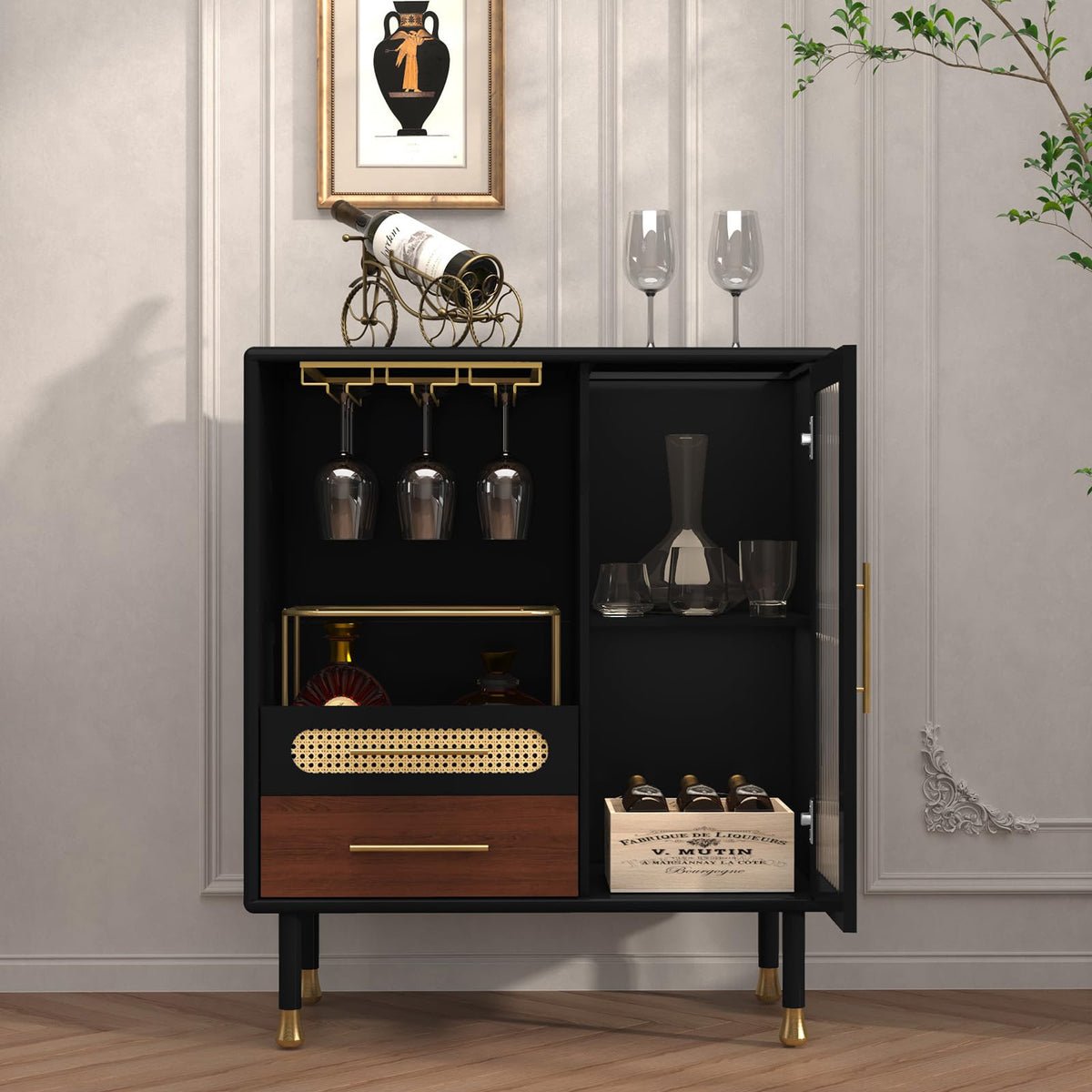 ARTPOWER Modern Coffee Bar Cabinet with Pull-Out Wine Storage, Black