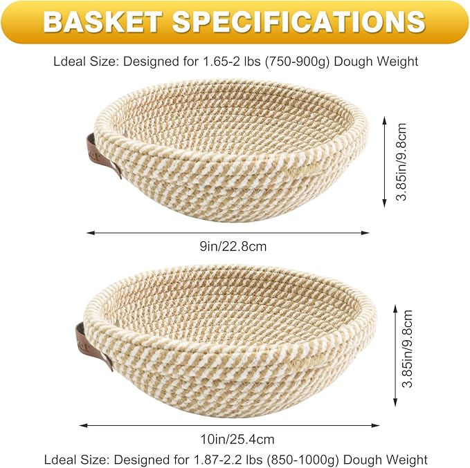Banneton Bread Proofing Basket Set of 2, 9 Inch & 10 Inch Round Cotton Rope Sourdough Bread Baking