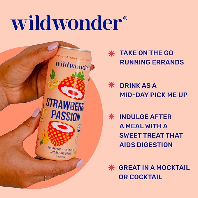 wildwonder Sparkling Probiotic Drink 12pk, For Gut Health & Immune Support, Strawberry Passion, 5g